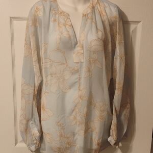 Elegant Women's Floral Blouse in Soft Blue and Cream